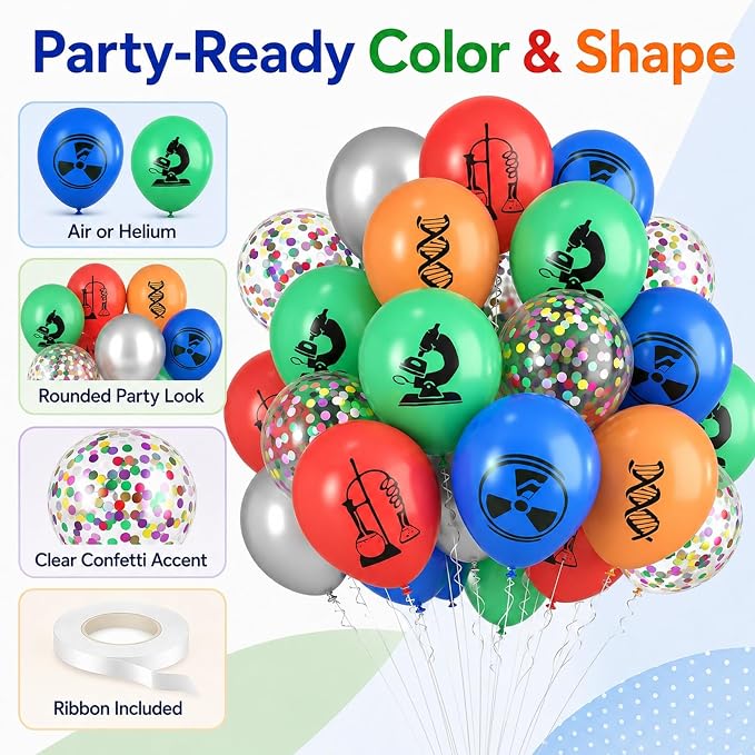 Science Party Balloons, 12 Inch Dark Light Blue Red Green Orange Metallic - Image 3