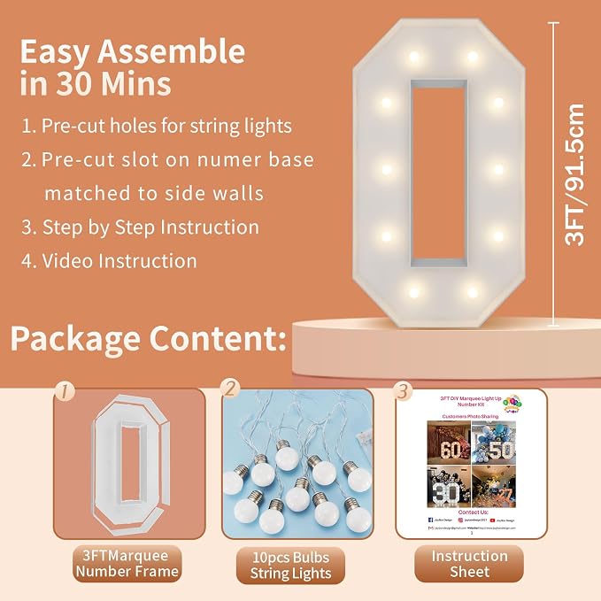 3FT Light Up Numbers Letters, Giant Marquee Numbers, Mosaic Balloon Number 0 - Image 5