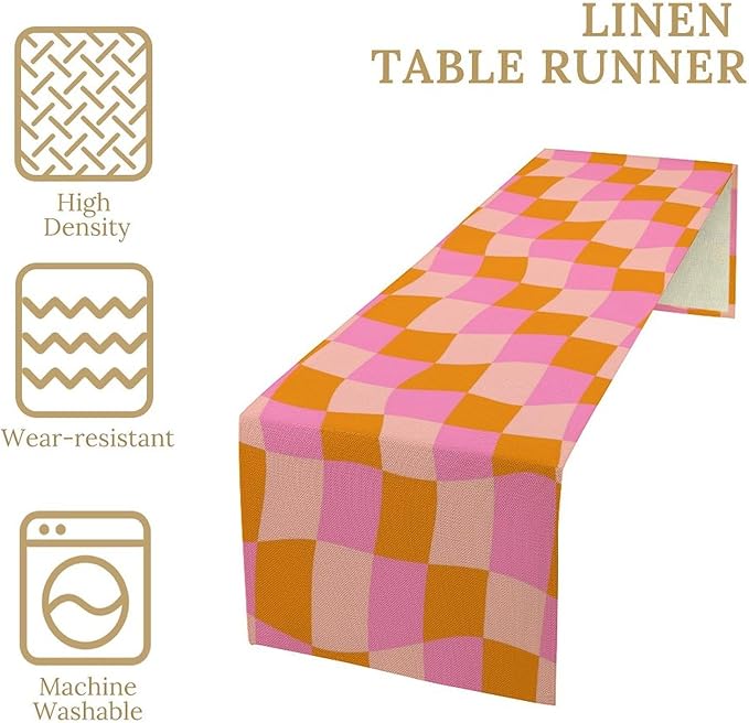 Checkered Table Runner Orange Retro 60s70s Boho Style Kitchen Restaurant Decoration Suitable for Indoor and Outdoor Festival Home Wedding Party Table Runner 13x70 Inch