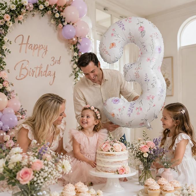 3rd Birthday Decorations for Girls, 40 Inch White Floral Number 3 Balloons | - Image 6