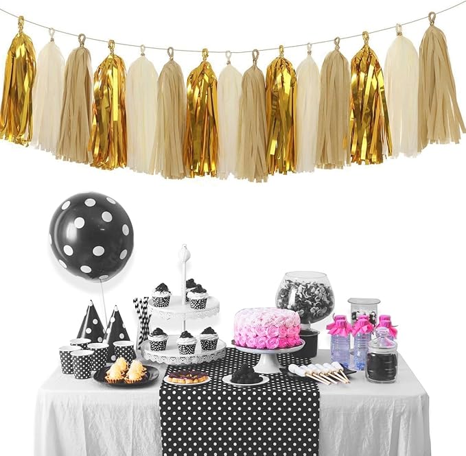 Shiny Tassel Garland Tissue Paper Tassels Banner Decoration for Birthday Party, Bridal Shower, Table Decor, Metallic Gold+Tan+Ivory, 15 pcs