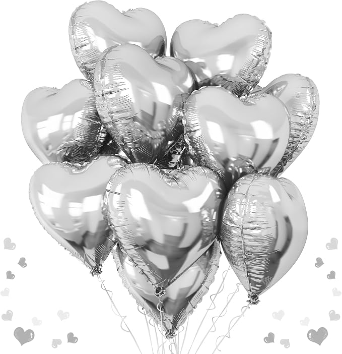 Silver Heart Foil Balloons, 18Inch Metallic Heart Foil Balloon by TAOYE