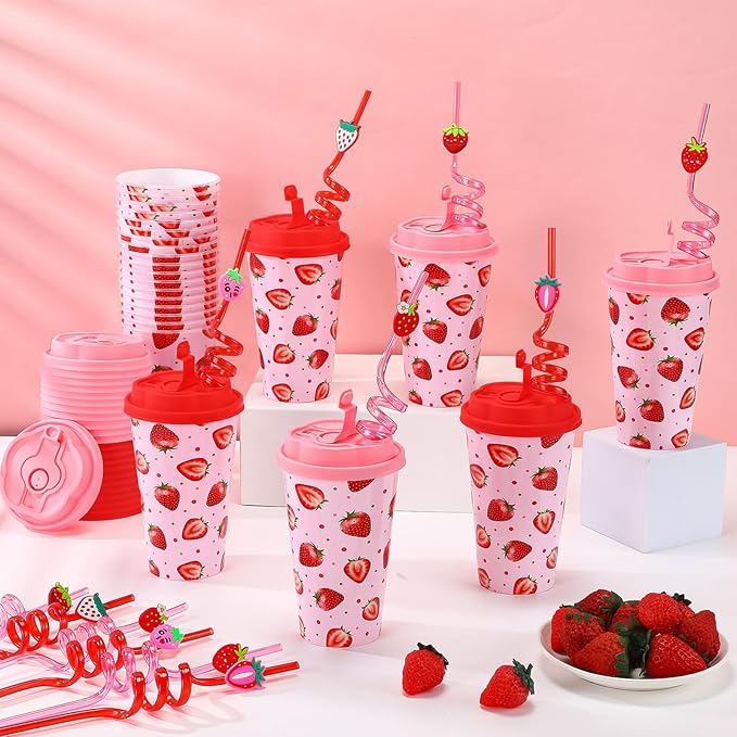 Yungyan 24 Sets Strawberry Party Favors Goodie Cups with Lids and Straws for Birthday Decorations Reusable 16oz Plastic Candy Cups Plastic Straws for Birthday Party (Strawberry)
