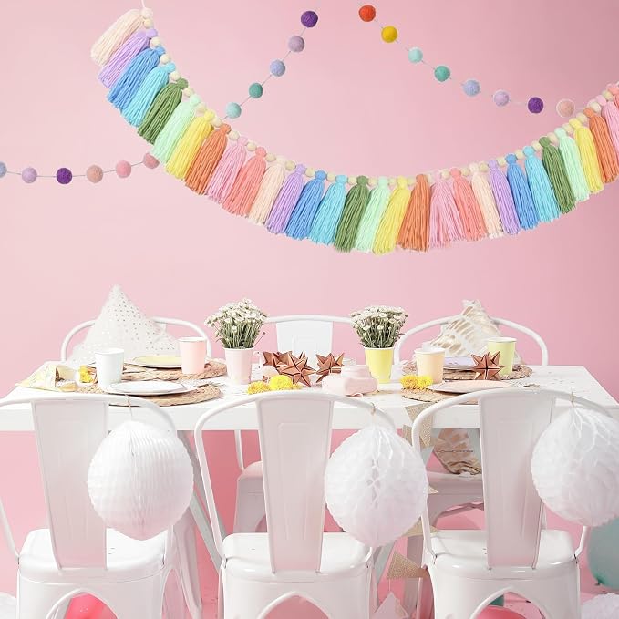 2pcs Longer Boho Tassel Garland, Pom Pom Tassel, Felt Ball Garland, Colorful - Image 5