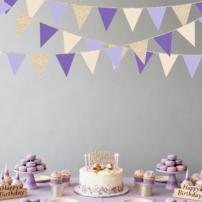 30 Ft Purple Lavender Beige Champagne Gold Party Decorations Pennant Banner - Image 6