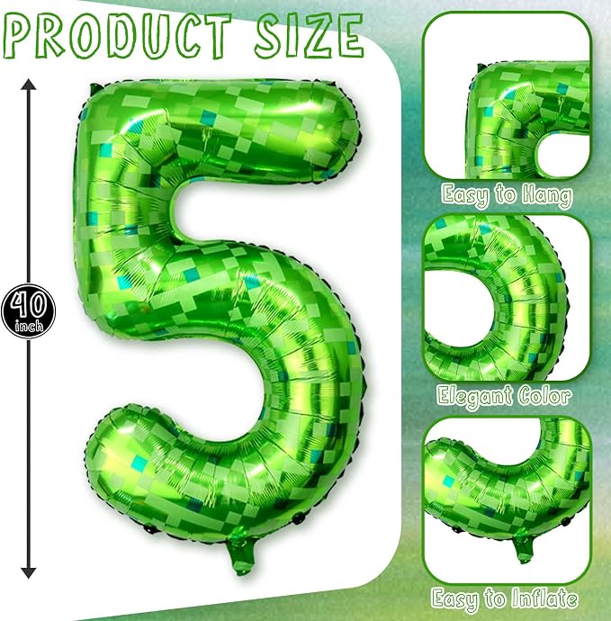 40 Inch Green Pixel Number 5 Balloon, Lime Green Large Foil Number Balloon 5th - Image 3