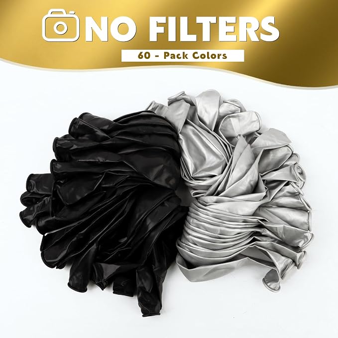 Black Silver Balloons 60Pcs 12 Inch Latex Balloon Set - Image 6