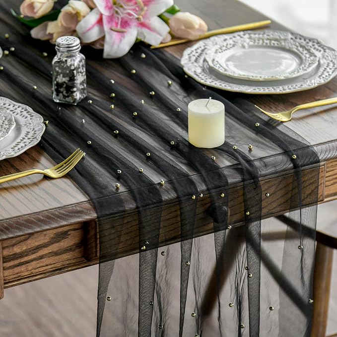Artoid Mode Pearl Black Gauze Table Runner 59x120 Inch, Seasonal Sheer Kitchen by ArtoidMode