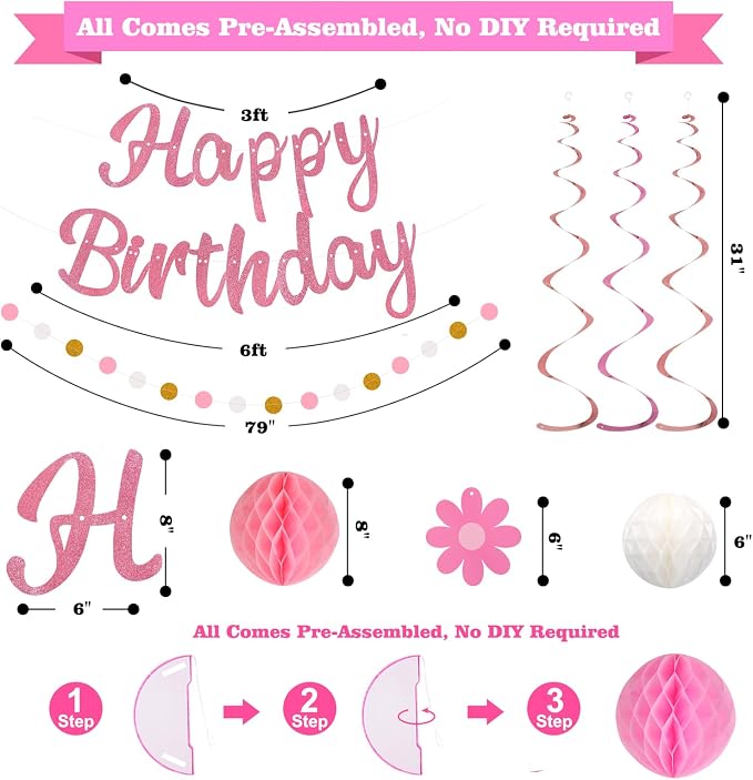 YEOCU Birthday Decorations, No DIY Pre-Strung Happy Birthday Banner | Pink - Image 7