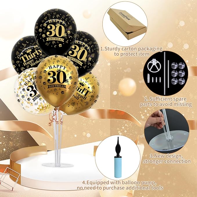 TONIFUL 4 Set Black Gold 30 Printed Balloon Stands - Image 3
