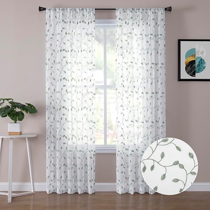 Tollpiz Leaves Sheer Curtain Sage Green Leaf Embroidery Bedroom Curtains Rod by Tollpiz