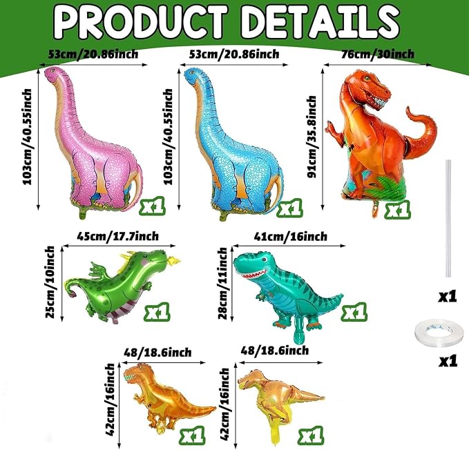 Dinosaur Foil Balloons Set, 7 Pieces Large Dinosaur Aluminum Mylar Balloons - Image 3
