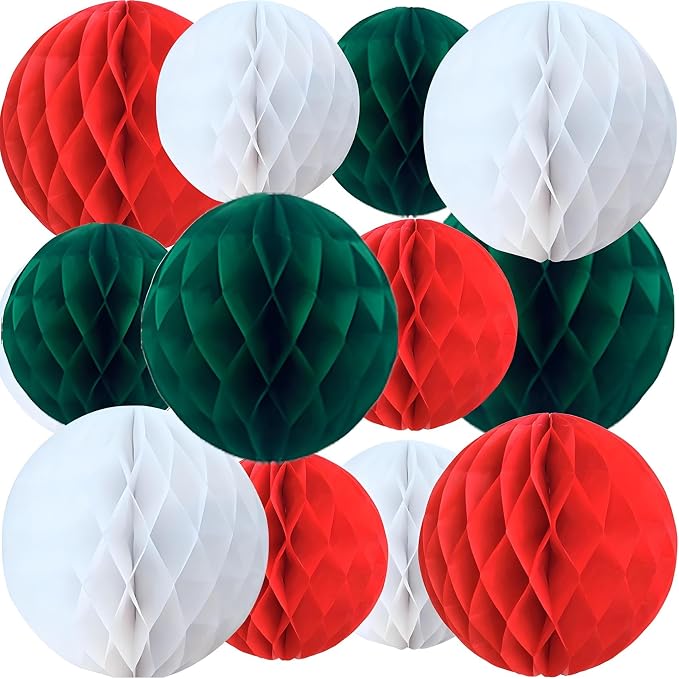 Red White and Green Paper Honeycomb Flower Balls-12 Pcs 6" 10" Tissue Pompoms by Unknown