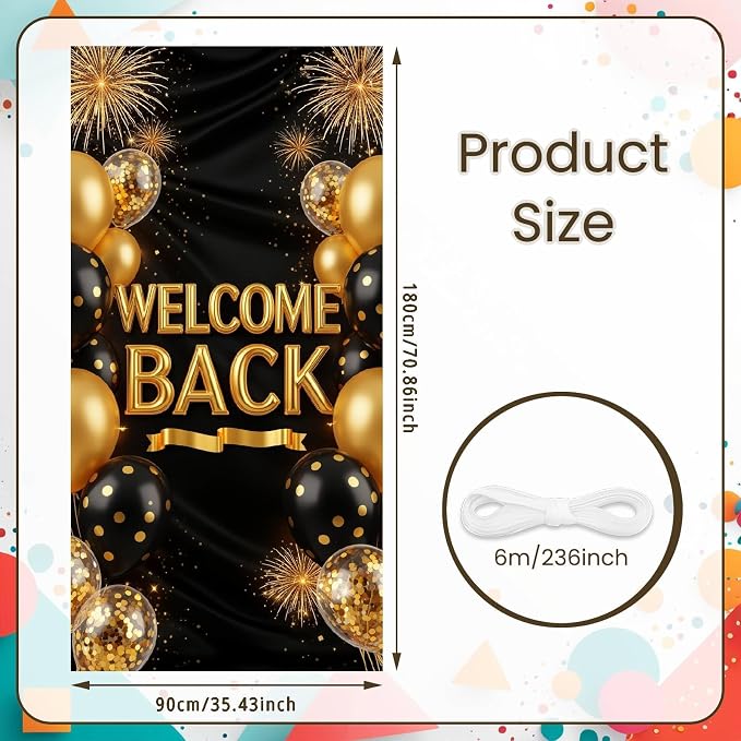 Welcome Back Door Cover Banner Decorations Black Gold Welcome Home Backdrop - Image 6