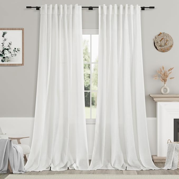 White Linen Curtains 126 Inches Long 2 Panels Set by Nanspring