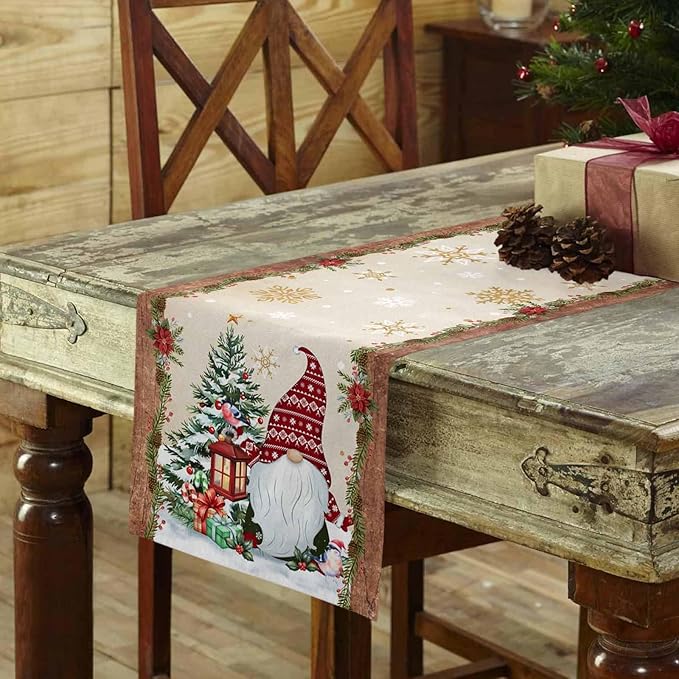Christmas Gnomes Cotton Linen Table Runner for Dining Kitchen, Xmas Pine Tree Snowflake Rustic Wedding Outdoor Party Tablerunners Decoration, Retro Wood Dresser Scarf Tablecloth Runners 13x108 Inches