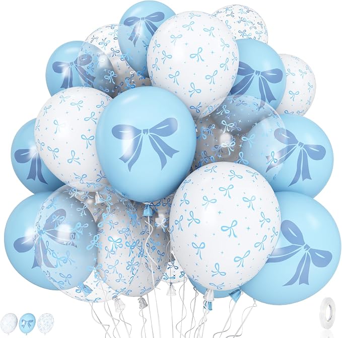 Blue and White Balloons Set, 12 Inch Light Baby Blue White Clear Bow Latex by Govpy