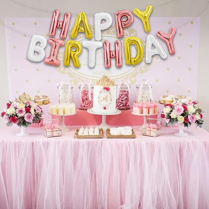 TONIFUL Gold Rose Gold White Happy Birthday Balloon Banner Decorations | 16 - Image 6