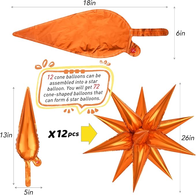 Orange Star Foil Balloons, Metallic Spike Mylar Balloon Fireworks Balloon - Image 6
