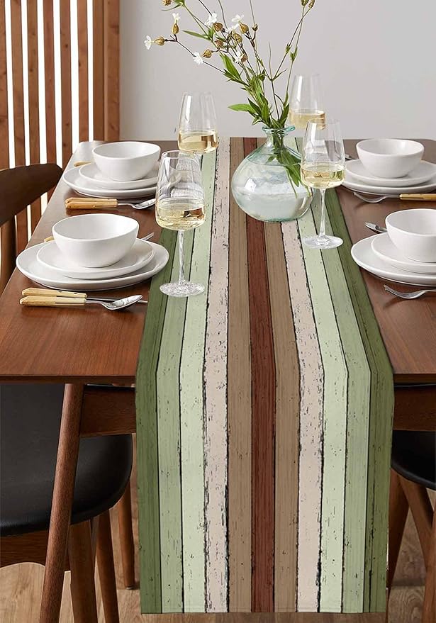 Sage Green Wooden Cotton Linen Table Runner for Dining Kitchen, Wedding Outdoor Party Tablerunners Decoration, Vintage Country Retro Distressed Grain Dresser Scarf Coffee Tablecloth Runners 13''x36''