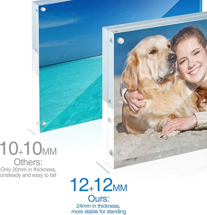 TWING 2 Pack 4x4 Acrylic Picture Frame, Horizontal Magnet Double Sided 4x4 Picture Frame Set with Microfiber Cloth, 10 + 10MM Thickness Clear Desktop Acrylic Photo Frame Display Gifts Ideal, Ideal