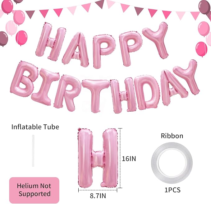 Pink Happy Birthday Balloon Banner Decorations 16 inch - Image 3