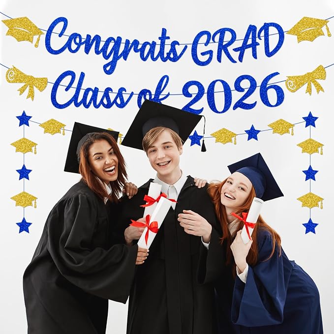 Blue and Gold Graduation Decorations Banner 2026, Glitter Blue and Gold Class - Image 2