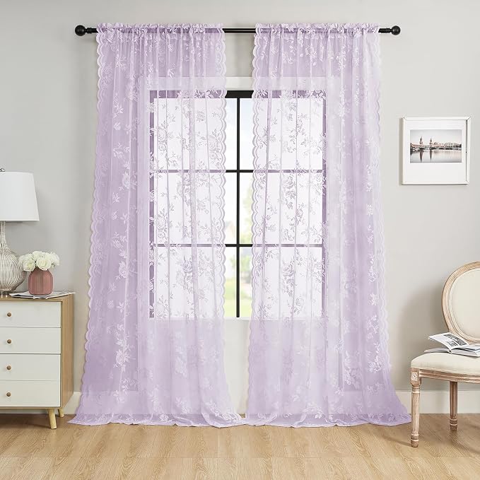 Lilac Purple Lace Curtains 63 Inch Length 2 Panels set Romantic Violet Flower - Image 2