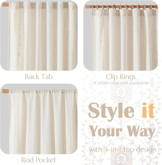 jinchan Floral Linen Curtains Embroidered Back Tab 50x63in 2 Panels Ivory | - Image 7