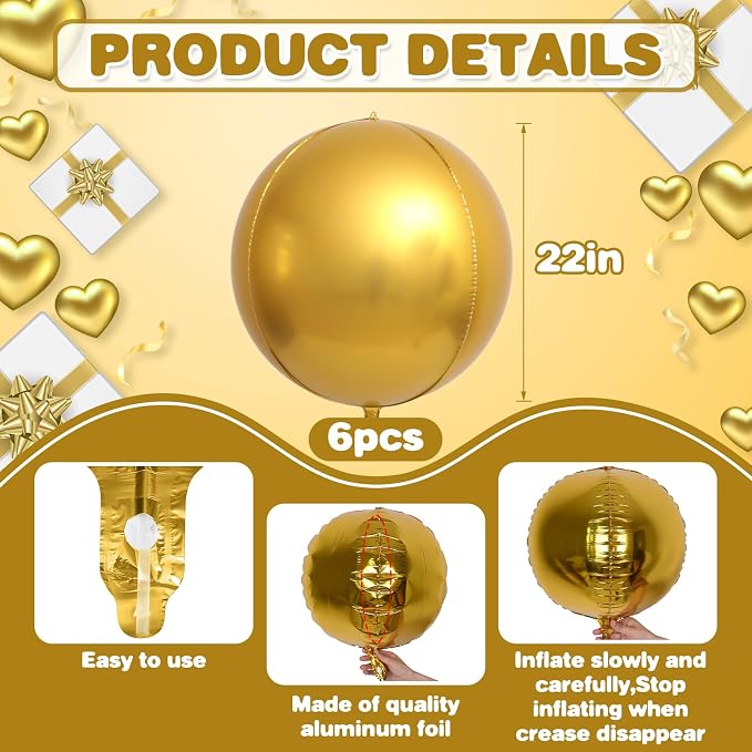 6Pcs Black Gold Round Foil Balloons, Giant 4D Round Ball Balloons, 22 Inch - Image 7