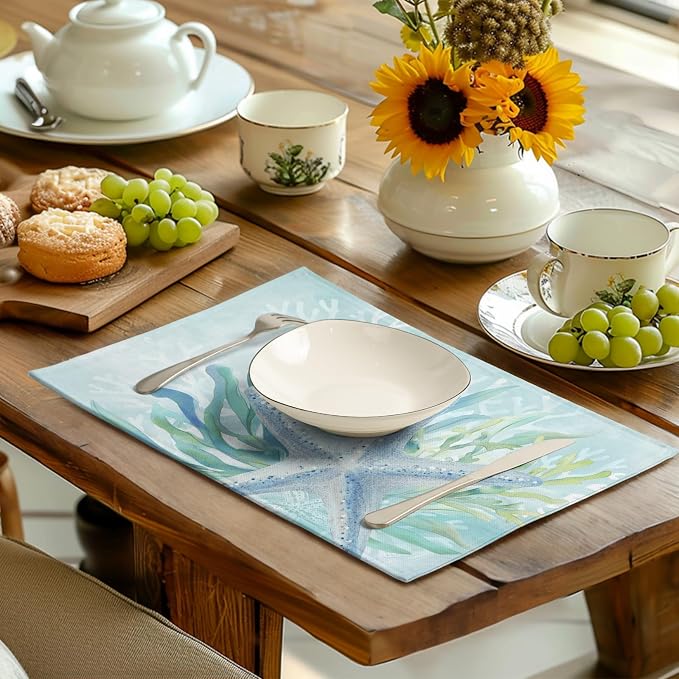 Nautical Coastal Placemats Set of 4 Ocean Coral Starfish Seagrass Beach Theme - Image 6