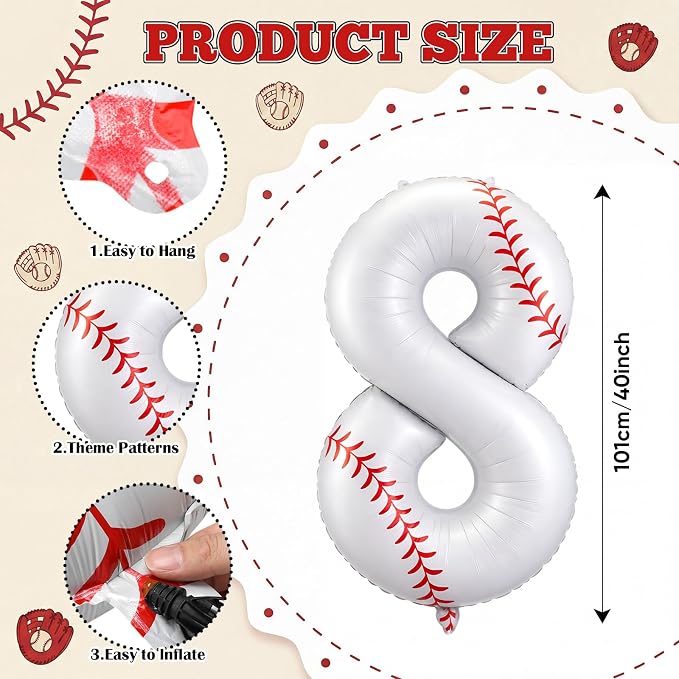 Jenaai Baseball Number 8 Balloons 40 Inch Baseball Theme Birthday Party - Image 2