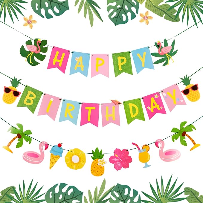 SUNBEAUTY Hawaiian Happy Birthday Banner Tropical Luau Party Birthday Flamingo by SUNBEAUTY