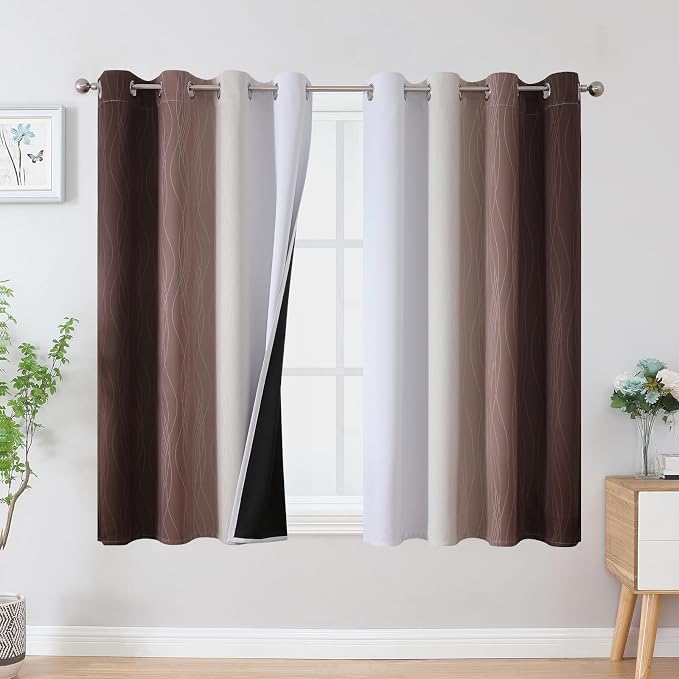 Brown and Greyish White Blackout Curtains 45 Inch Length, Full Light Blocking by ESTELARTEXTILER