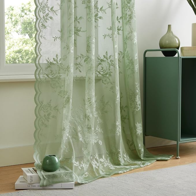 Sage Green Lace Curtains 108 Inches Long Spring Country Floral Sheer Curtains - Image 5