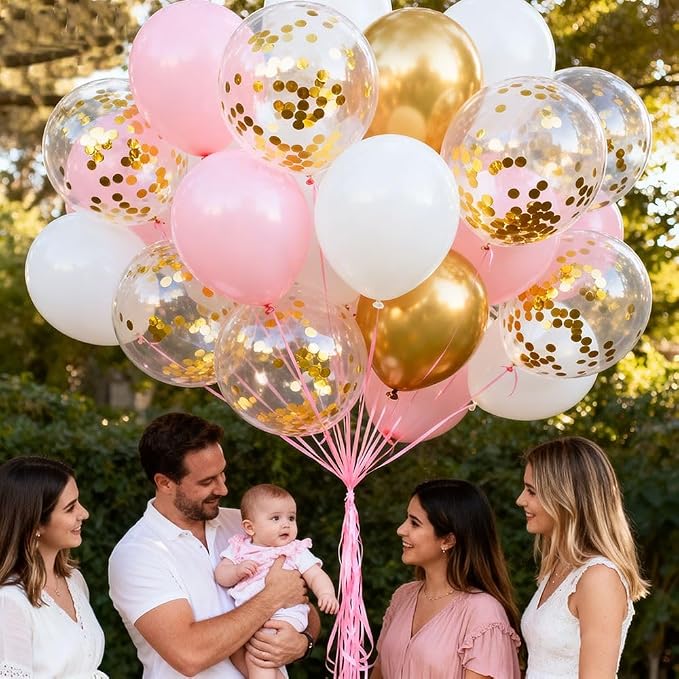 Pink Gold White Balloons 60Pcs 12 Inch Confetti Latex Balloon - Image 7