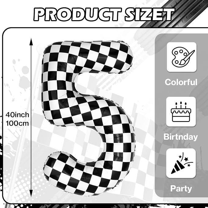 40 Inch Checkered 5 Balloons, Boys Girls Racing Car Track Theme Supplies - Image 2