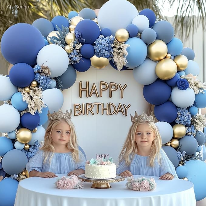 Dusty Blue Gold Balloons Arch Kit, Double Stuffed, Party. | - Image 4