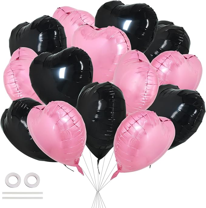 TONIFUL 30 Pcs Pink Black Heart Balloons 18 Inch Heart Shape Foil Balloon | by TONIFUL