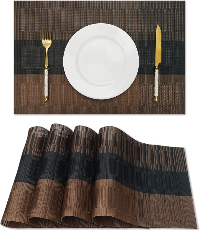 HeloHo Brown Black Placemats Set of 4 Washable Place Mats Vinyl Woven Table by HeloHo