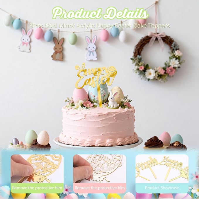 8Pcs Gold Happy Easter Cake Toppers Bunny Cupcake Decor - Image 3