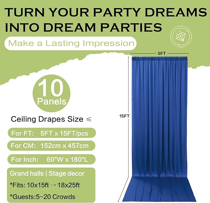 PartyVillage 50ft×15ft Royal Blue Backdrop Curtain for Wedding Parties, 10 Panels Wrinkle Free 15 FT Long Polyester Photo Backdrop Drapes Back Drop Cloth for Birthday Photography Background