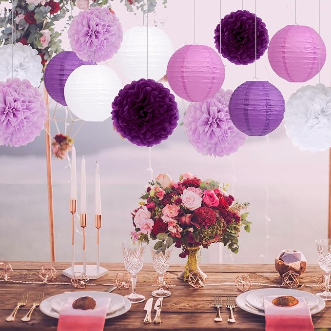 Purple Birthday Party Decorations Paper Lanterns and Pom Poms 15pcs Set | Baby - Image 5