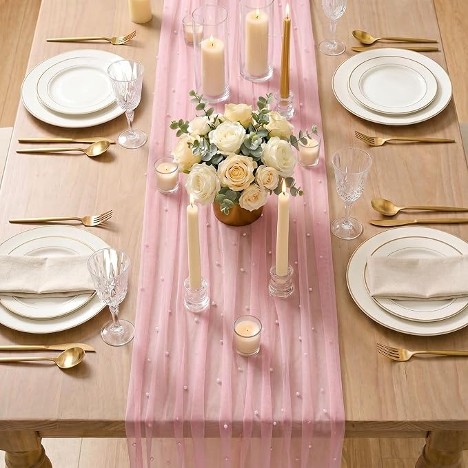 Artoid Mode Pearl Pastel Pink Gauze Table Runner 120 Inch 10FT, Seasonal Sheer - Image 5