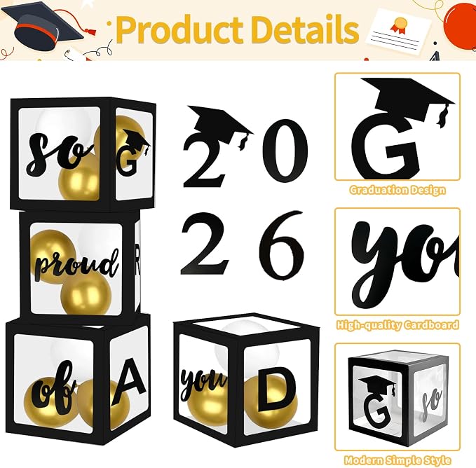 Pack of 4-12x12x12 Inches Black Clear GRAD Balloon Boxes - Image 3