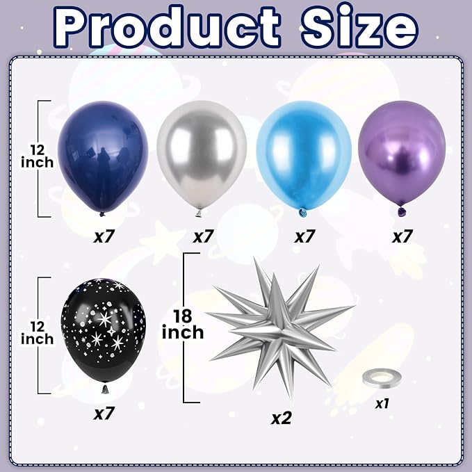 Galaxy Space Balloons, 12 Inch Navy Blue Metallic Blue Purple Silver Black Star - Image 2
