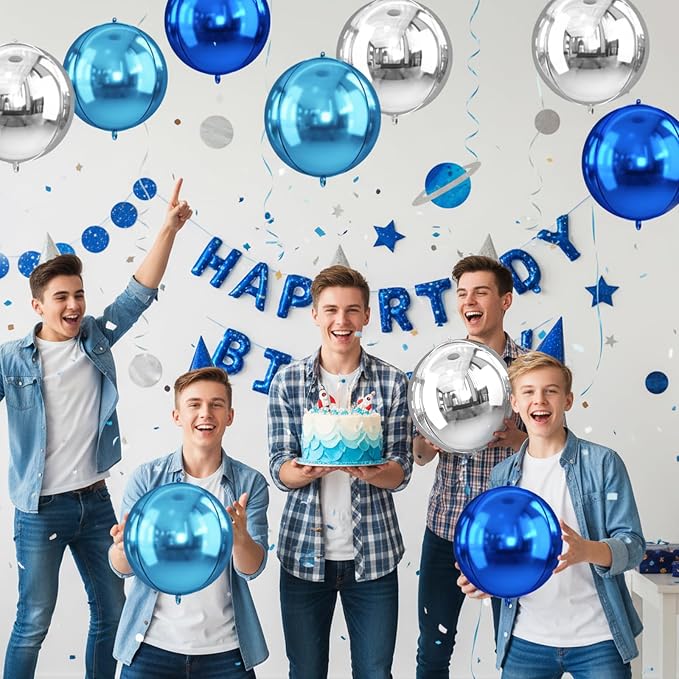 Blue and Silver Round Foil Balloons, Metallic Light Blue Silver Foil Baloon - Image 7