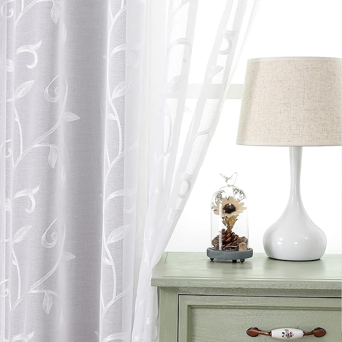 White Sheer Curtains Embroidered Leaves 2 Panels 54Wx72L | Light Filtering - Image 8