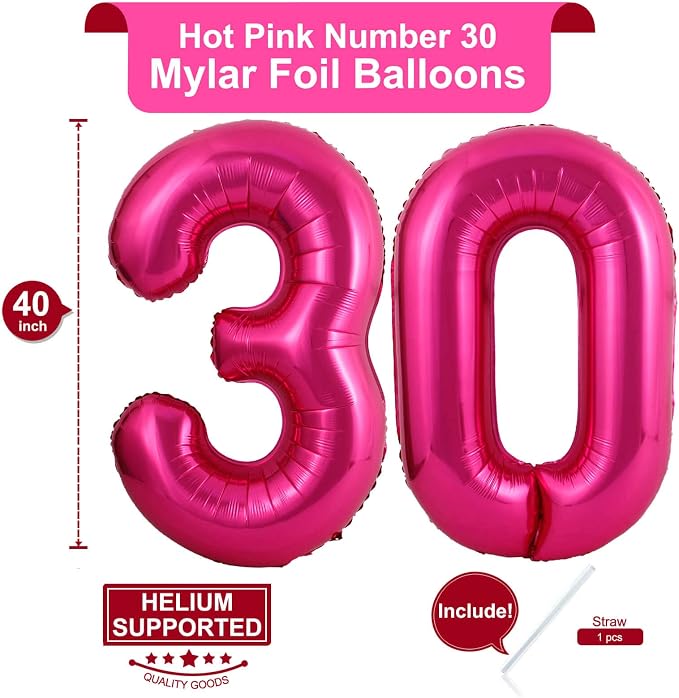 40 Inch Hot Pink 30 Number Balloons Giant Jumbo Huge 30 Foil Mylar Helium - Image 2