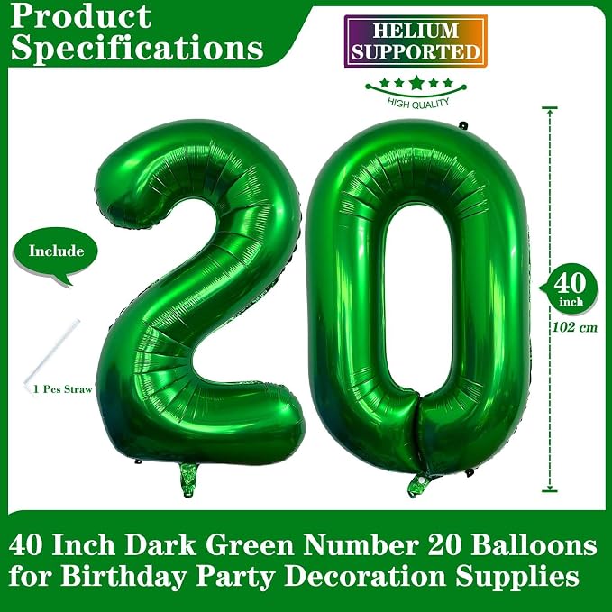 Dark Green 20 Number Balloons, 40 Inch Giant Number 20 Balloons Foil Mylar - Image 2